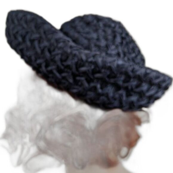 Vintage 50s Dark Blue Hat Raffia Straw Summer Sun - Picture 3 of 6